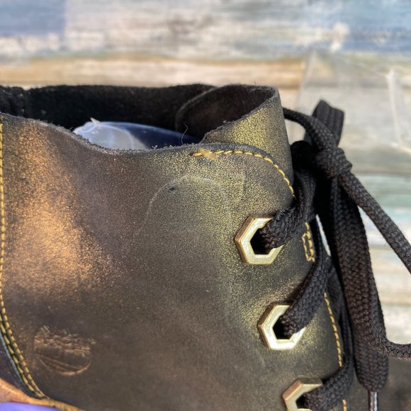 Timberland Black/Gold Metallic Soft Leather Wedge Heel Lace Up Ankle Boots - Picture 11 of 13